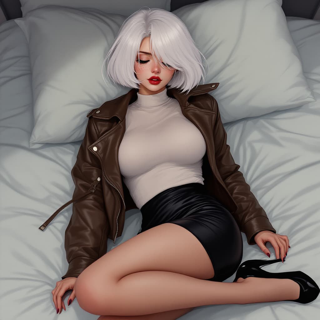 AI generated: anime, woman, white hair, bob cut, closed eyes, freckles, red lips, white sweater, tight sweater, sh...
