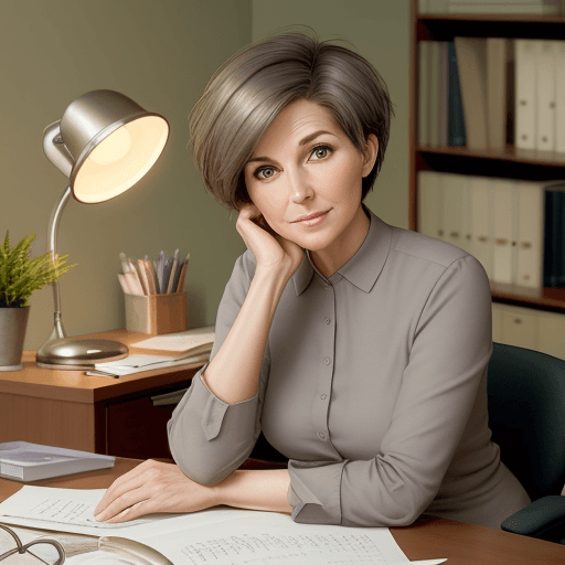 AI generated: hyper realistic photo, elegant 45-year-old woman sitting at her desk, in her personal office, round ...