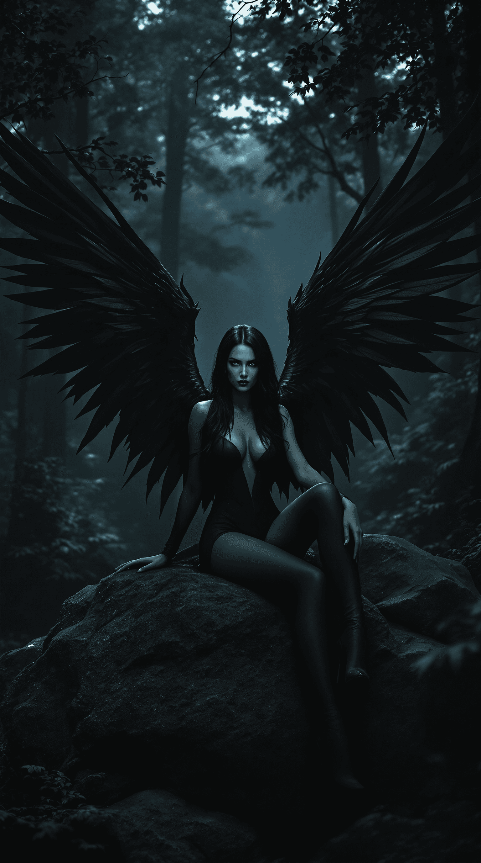 AI generated: a dark and moody scene of a mysterious woman with long, dark hair and dark, outstretched wings, sitt...