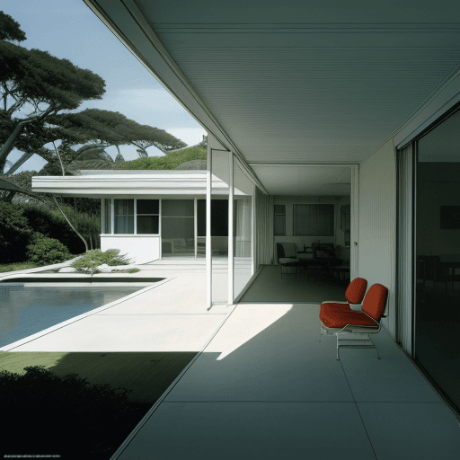AI generated: Hyper realistic eye level exterior photo of a mid century modern style house overlooking the ocean, ...