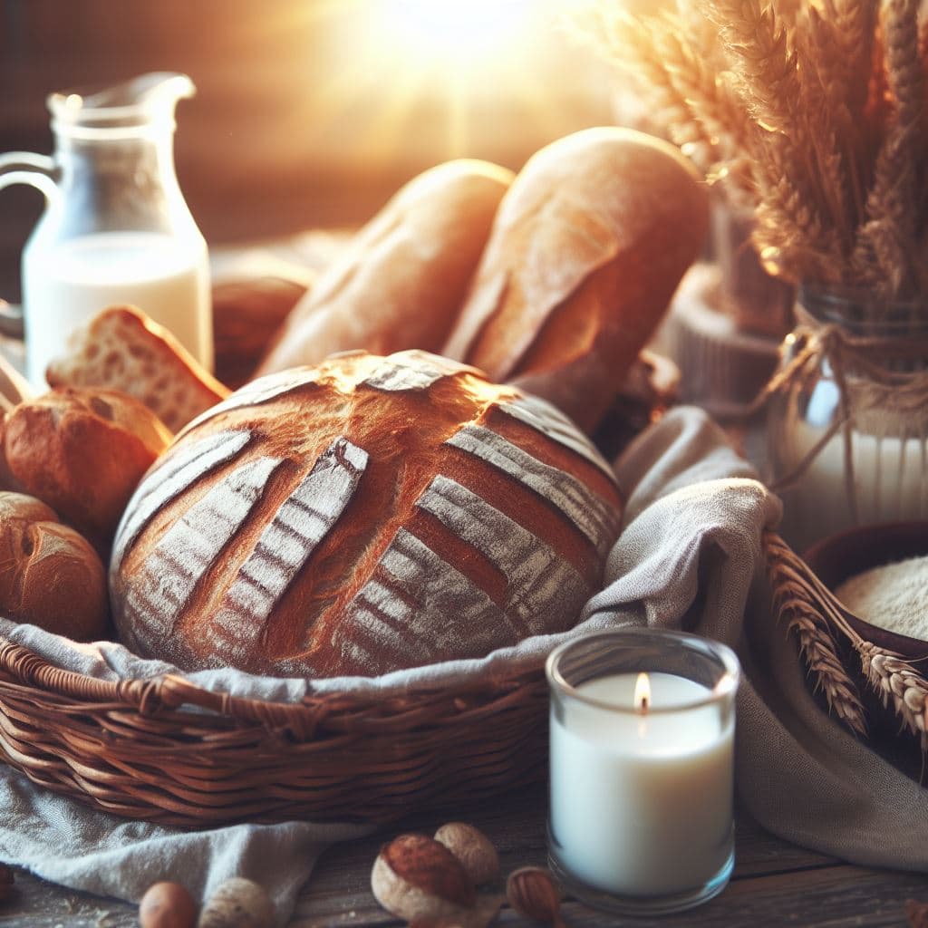 AI generated: best quality, masterpiece, perfect background, bread, bread focus, basket, sunlight