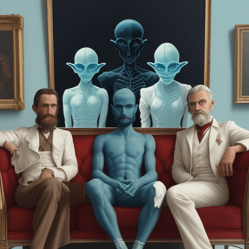 AI generated:  **the painting shows four aliens y un hombre calvo, de barba blanca y anteojos recetados sitting on...