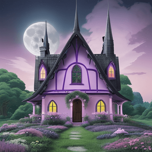 AI generated: gothic mushroom house styling with beautiful garden fill with pink, purple, yellow and green flowers...