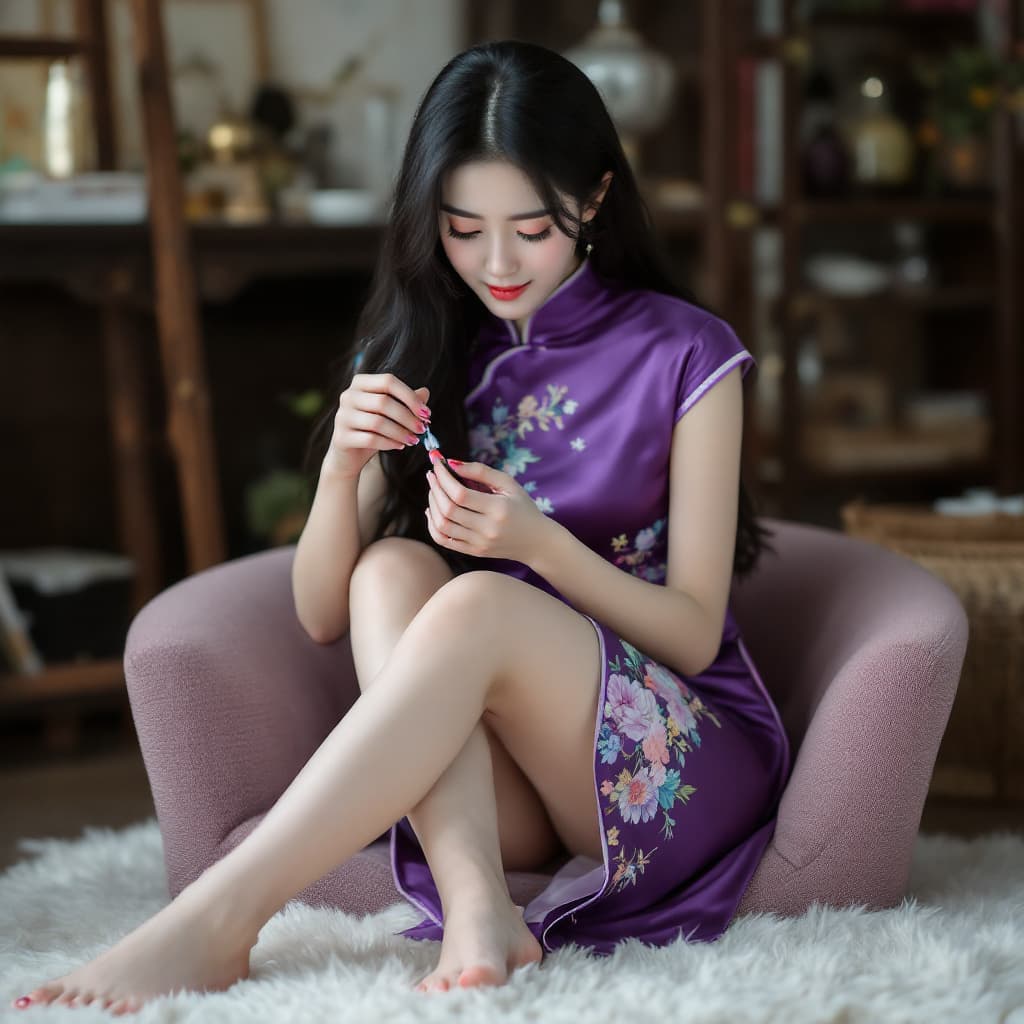 AI generated: Full body view of a  stunning korean woman, black long hair, wearing short purple Cheongsam, sit on ...