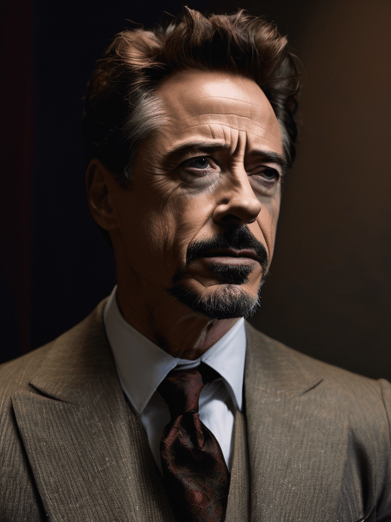 AI generated: closeup of Tony Stark posing in front of a solid dark wall, side profile, uhd, kodak ektochrome, lif...