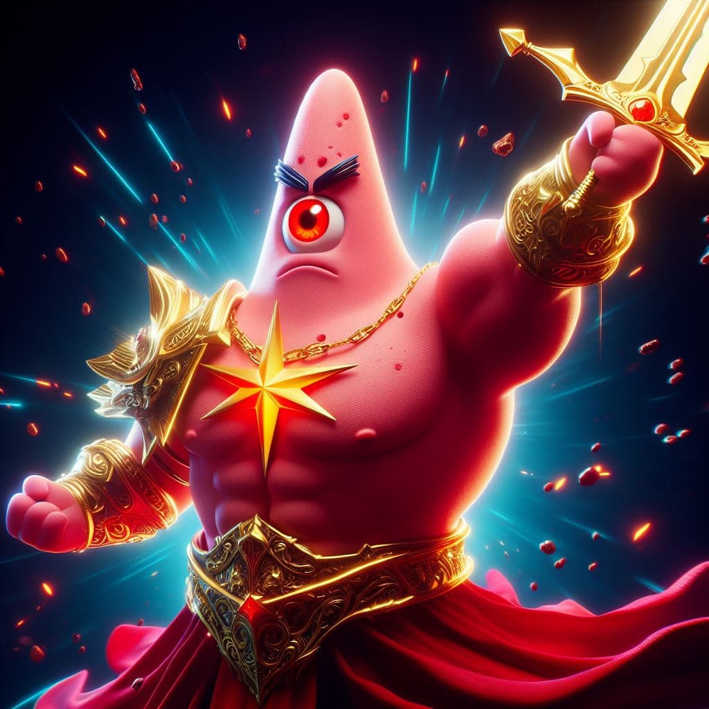 AI generated: Patrick Star is the mightiest god with a sword, red eyes, heroic pose, divine and celestial light, m...
