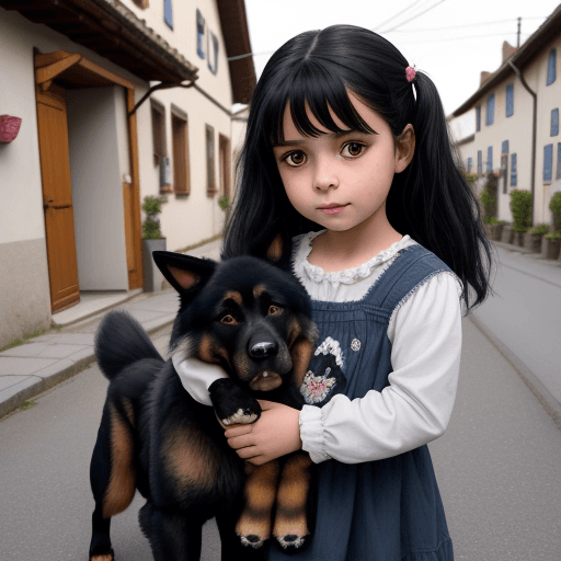 AI generated: four-year old girl with black hair has a rag doll in her hand. Next to her is a big German Shepard d...