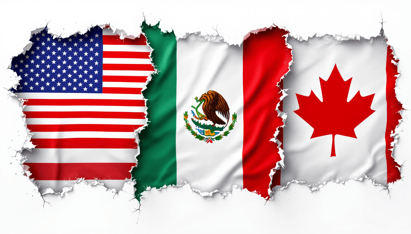 AI generated: Artwork of an American flag, Mexican flag, Canadian flag lined up side-by-side, melded together at t...