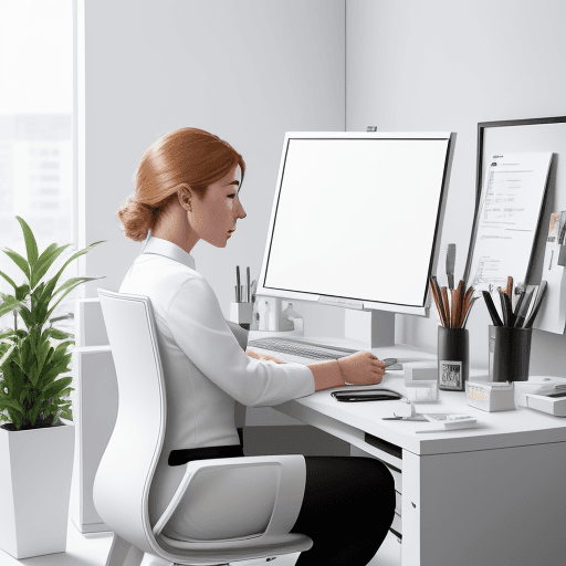 AI generated: modern, minimalist workspace, focused designer woman at a white desk, surrounded by objects of produ...