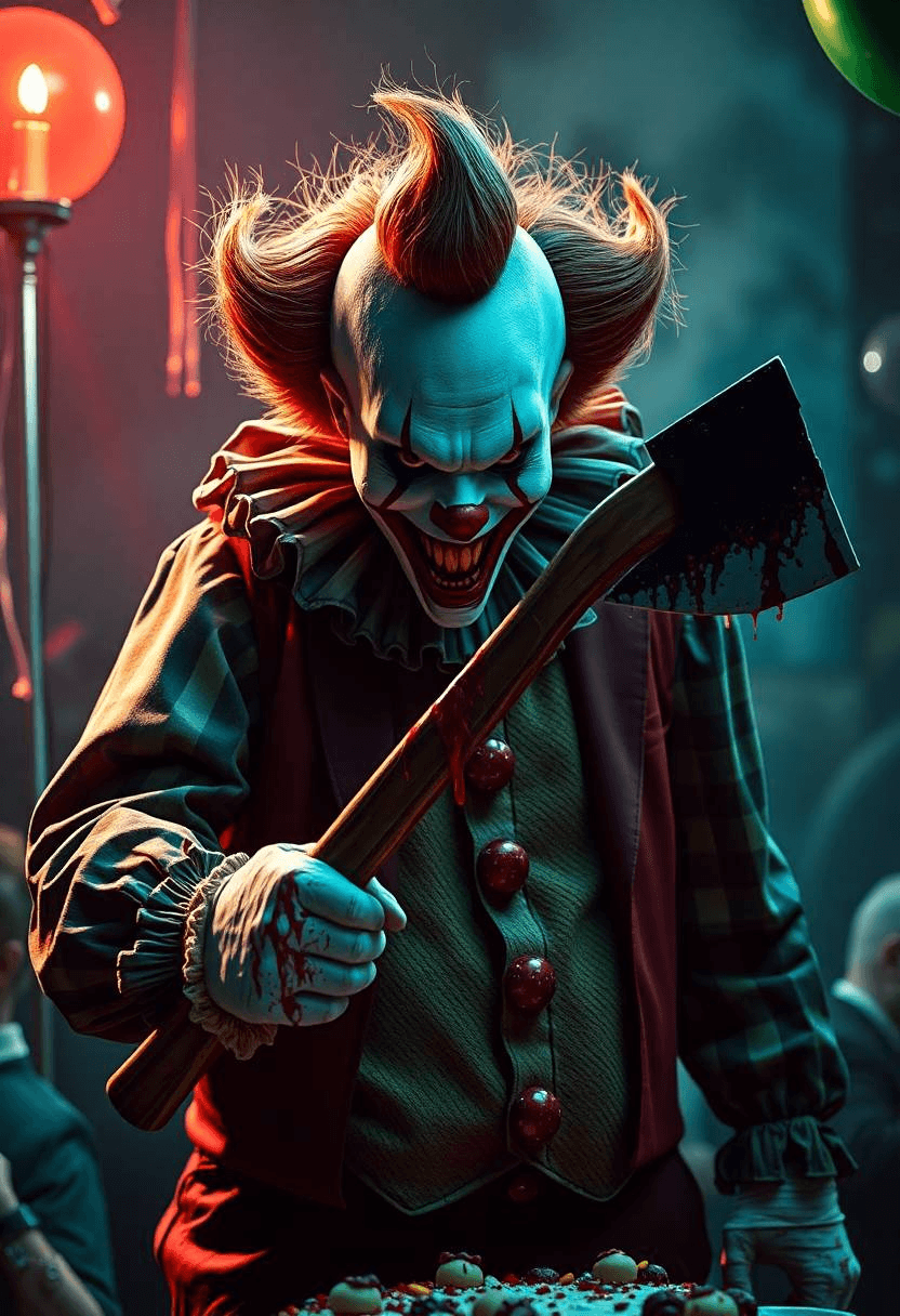 AI generated: Horrorclown with a bloody axe at a birthday party,full body,