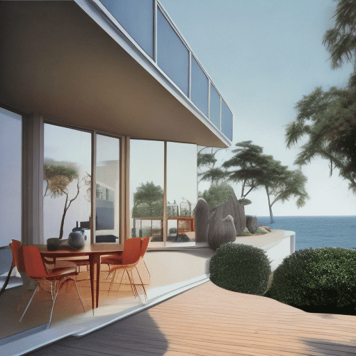 AI generated: Hyper realistic eye level exterior photo of a mid century modern style house overlooking the ocean, ...