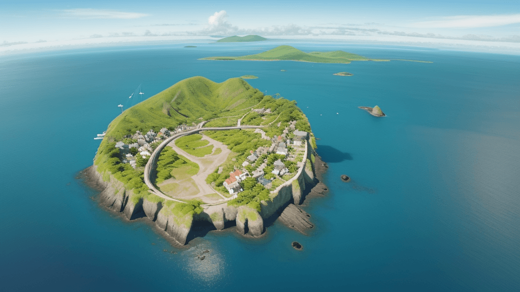 AI generated: bird's eye view high up looking down of a simple island. you can see the mainland in the background....