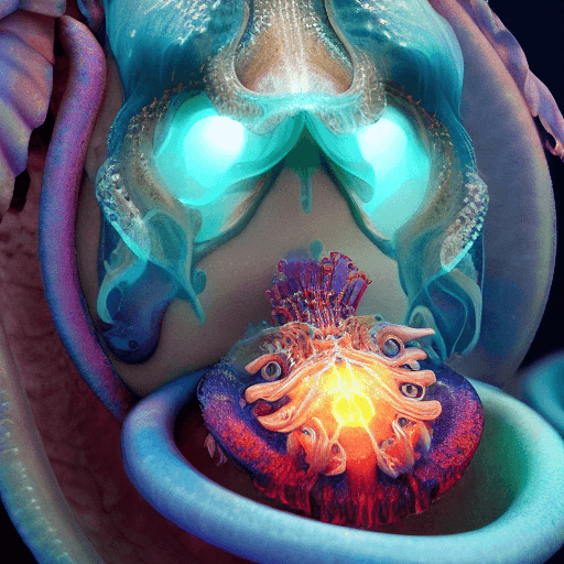 AI generated: Goddess close-up portrait ribcagel. jellyfish phoenix head, nautilus, orchid, skull, betta fish, bio...