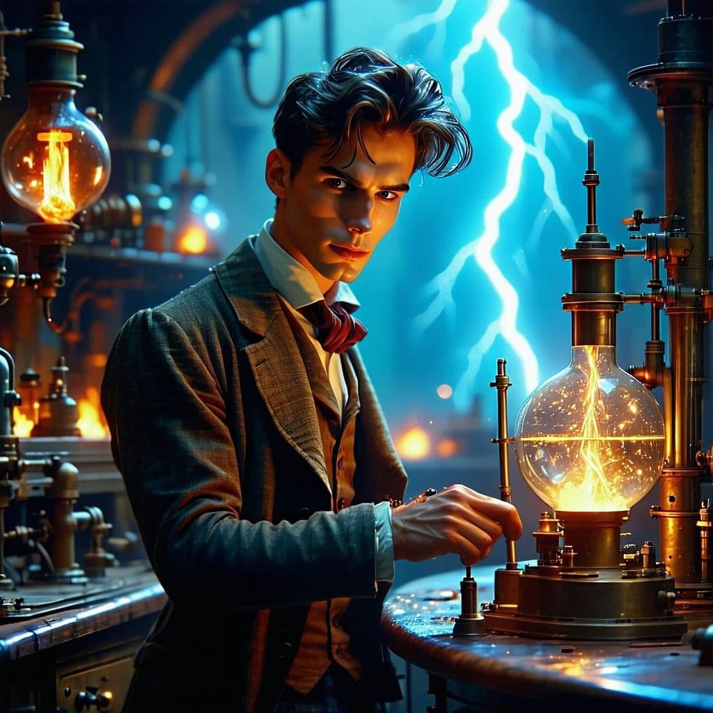 AI generated: a attractive young mad scientist in 1910 in his lab with a time machine, lightning and sparks are ev...