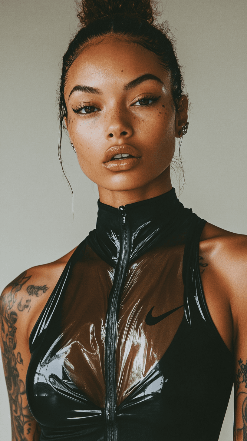 AI generated: Symetrical ultra Closeup of a dope faced tattoed model, dark mirror glazed Nike sport outfit, Minima...