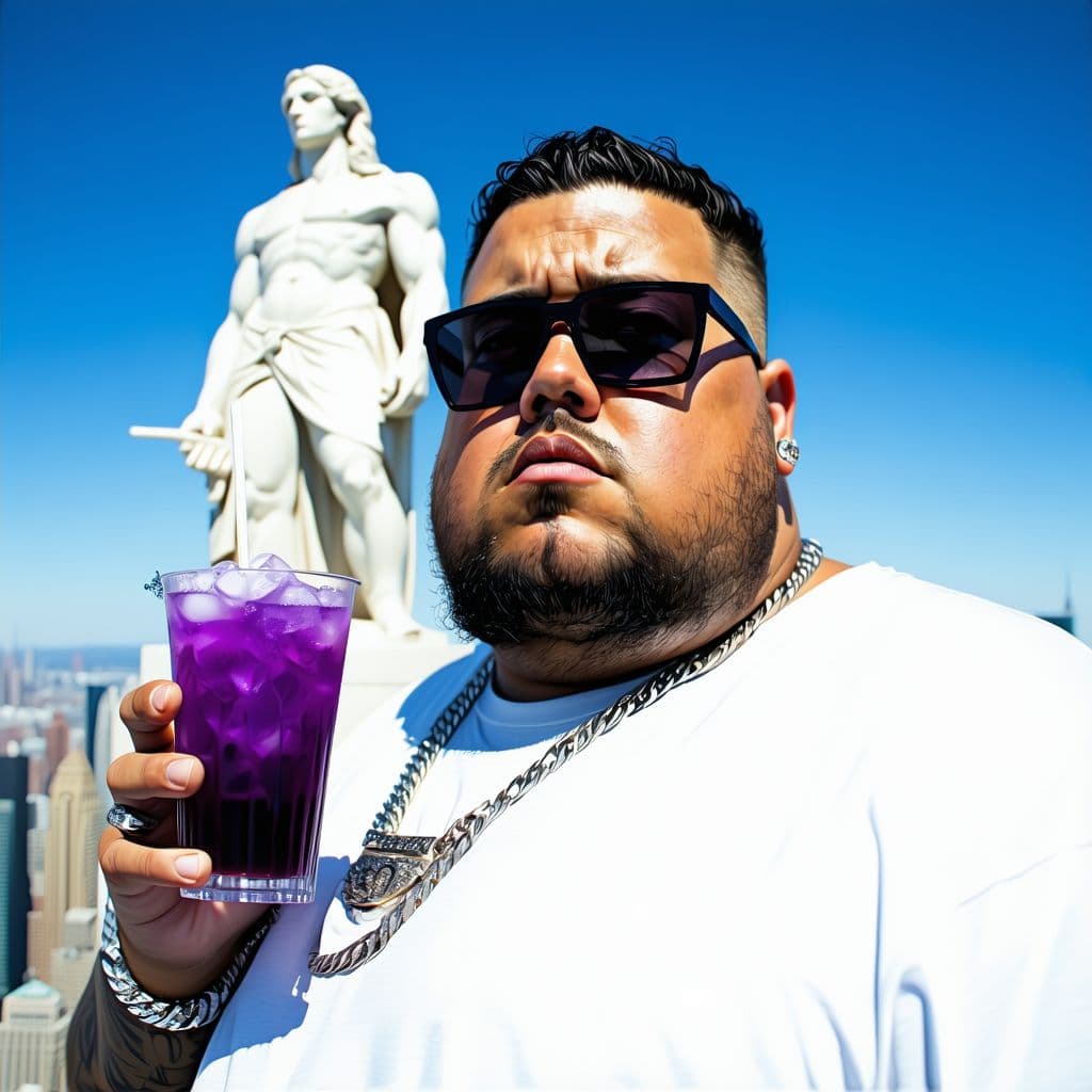 AI generated: fattest obese american rapper in the world without a beard and with short hair, holding a purple dri...