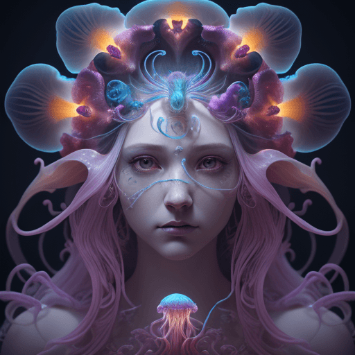 AI generated: Goddess close-up portrait ribcagel. jellyfish phoenix head, nautilus, orchid, skull, betta fish, bio...