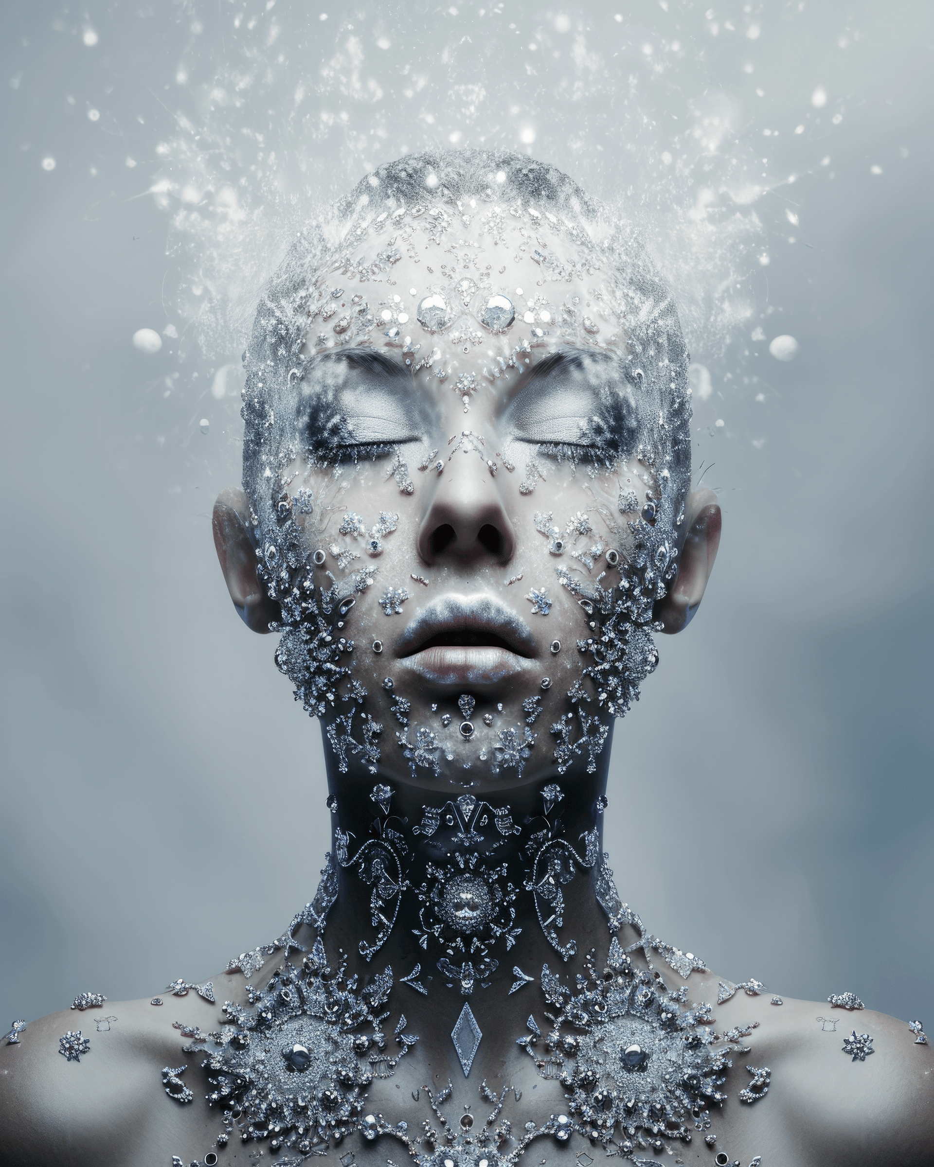 AI generated: portrait of woman inspired by gustav klimt, futuristic, front view, symetry, diamonds jewellery arou...