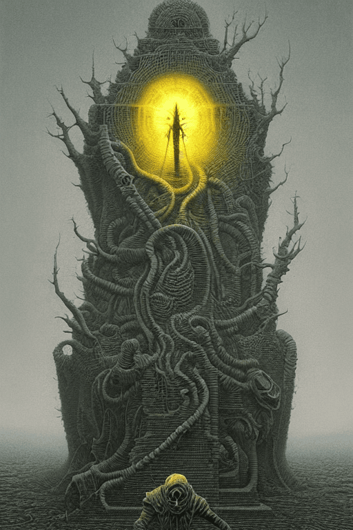 AI generated: The only thing they fear is you, yellow, logo, symmetry, Zdzisław Beksiński, Kim Jung GI, dan mumfor...