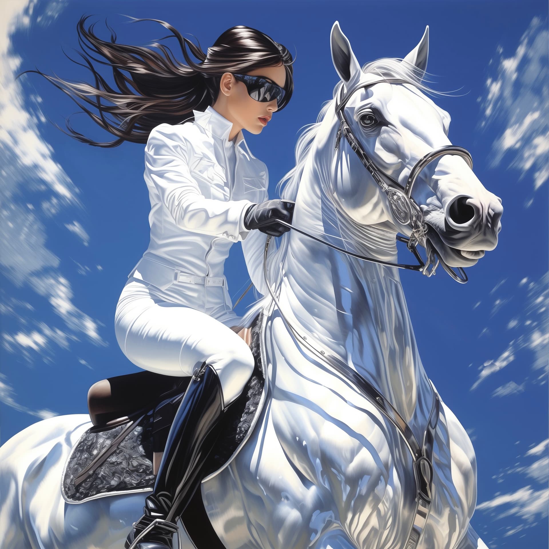 AI generated: Girl on horse, hajime sorayama style