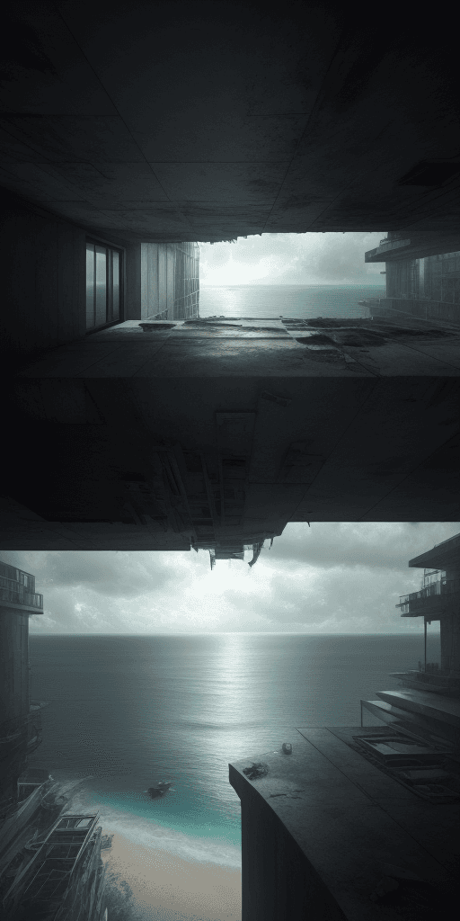 AI generated: Hyper realistic eye level exterior photo of a upside down limbo overlooking the ocean, daylight, ind...