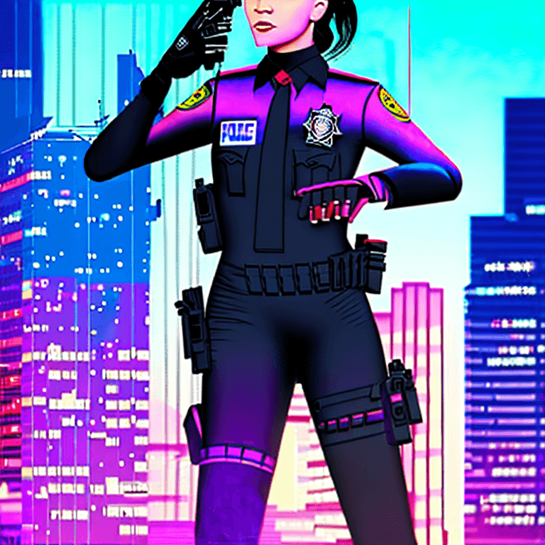 AI generated: A young female police officer in the midst of her duties within a cyber-dystopian world. She is ador...