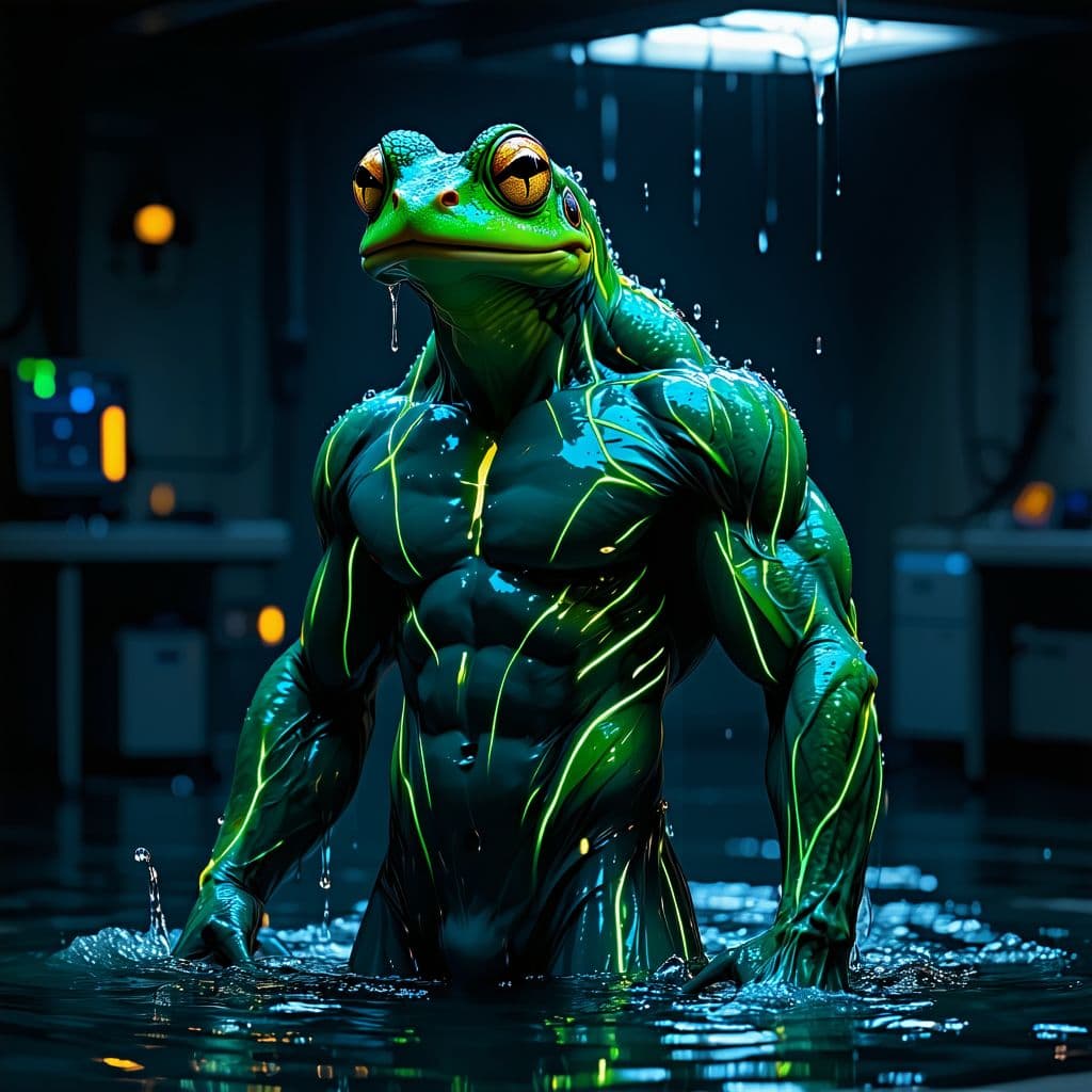 AI generated: male amphibian humanoid creature, height 1.85 meters, athletic muscular build with broad shoulders a...