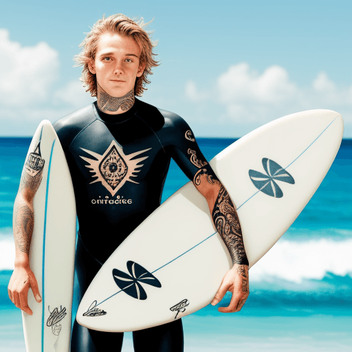 AI generated: 
a  fresh faced surfer 

with tattoos

