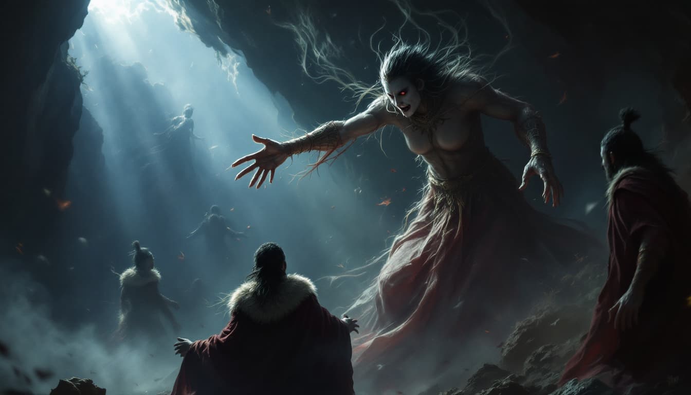 AI generated: The King**: His face is pale and stricken with fear, his hands trembling as he grips his staff.  
- ...
