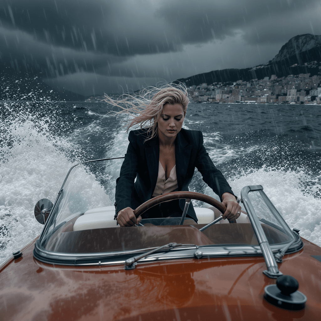 AI generated:  Striking blonde woman, 60s, 170cm, slender, elegant, in a tailored suit, drenched, running a classi...