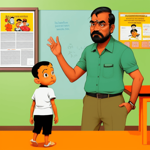 AI generated: image of an indian father looking at a poster in peri-urban play school and asking the teacher a que...