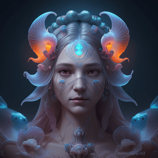 AI generated: Goddess close-up portrait ribcagel. jellyfish phoenix head, nautilus, orchid, skull, betta fish, bio...