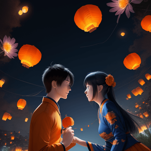 AI generated: Deep blue sky, orange, Kongming lanterns flying in the sky, late at night girl and boy in love ,flow...