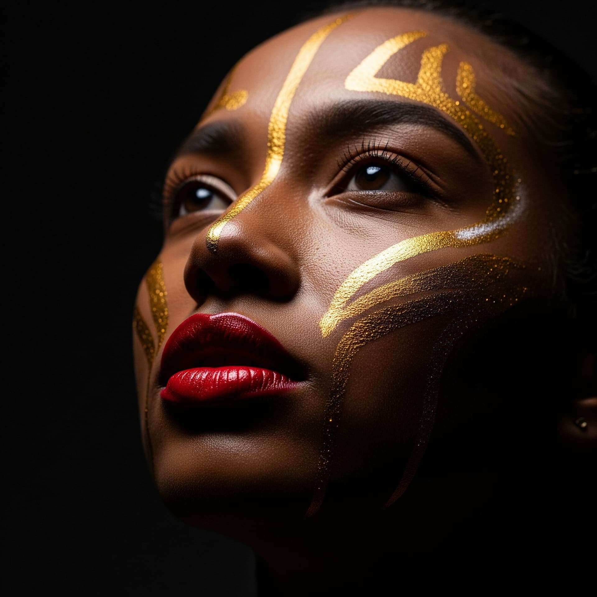 AI generated: A close-up portrait of a person with dark skin, eyes open, with gold paint streaks on their face, bl...