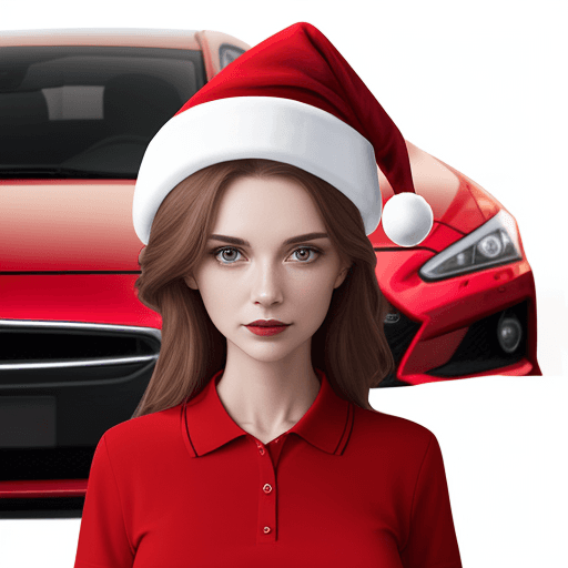 AI generated: woman with a Christmas hat and red polo shirt, on a white background and with a red car behind