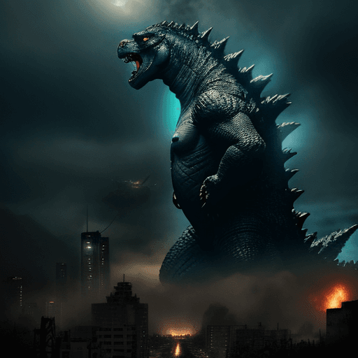 AI generated: godzilla from the pilucula king of the monsters, in a destroyed city, post apocalyptic atmosphere