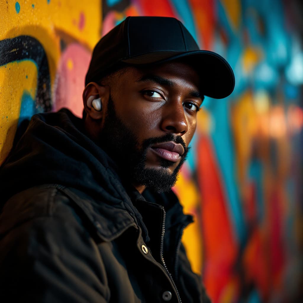 AI generated: Cinematic portrait of a confident man wearing a black baseball cap and a stylish urban jacket, with ...