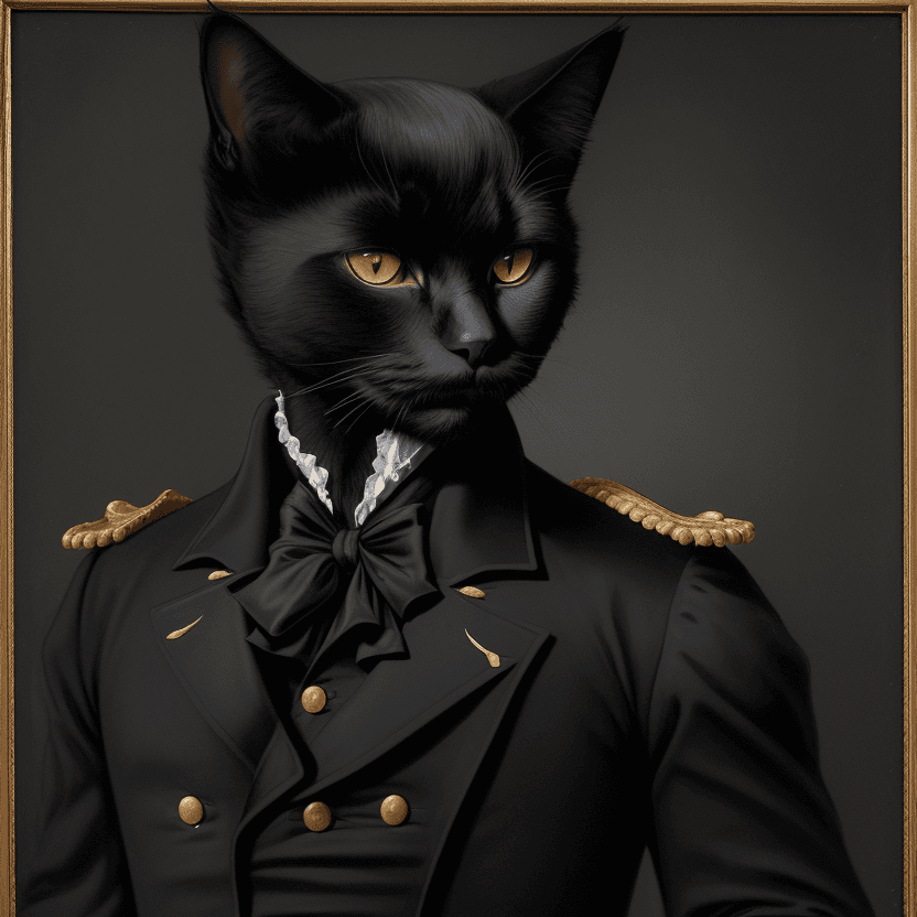 AI generated: a black cat in a general suit like napoleonic era, portrayed like a human portait in the 1800's