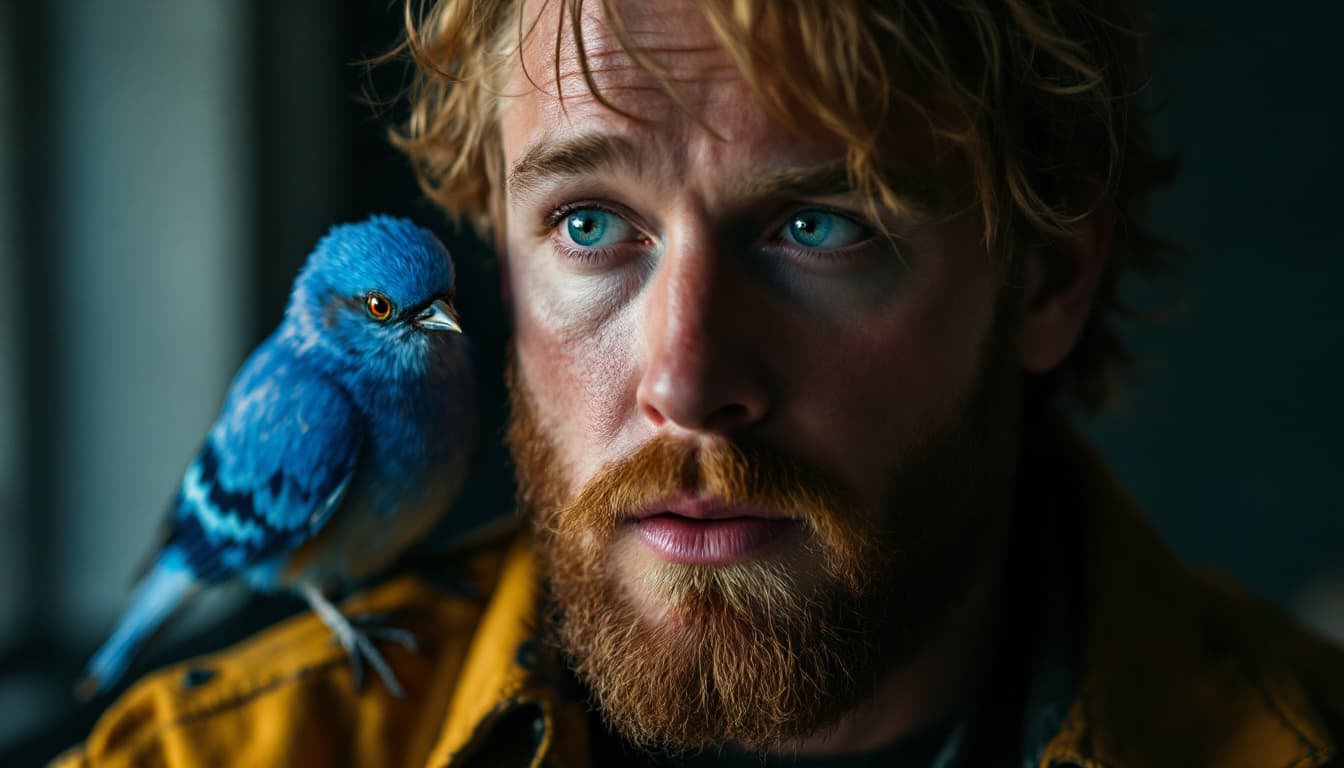 AI generated: front shot of (adele) with the (blue (twitter) bird) perched on his shoulder,  8k, hyperrealistic, h...