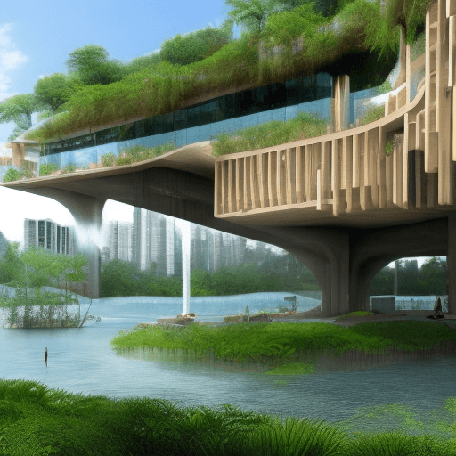 AI generated: exterior perspective of a futuristic architecture, rising sea levels, green space, living with water...