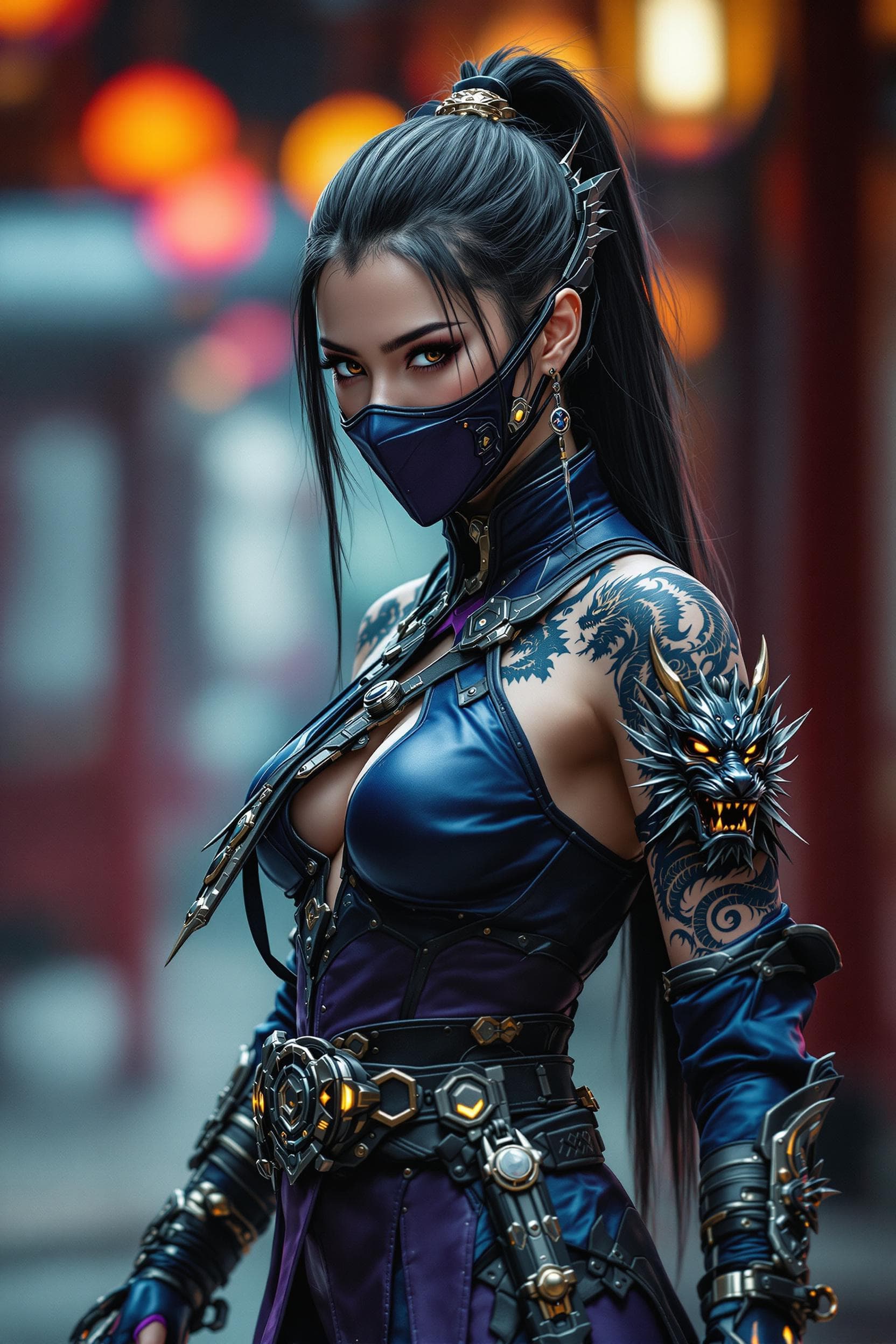 AI generated: A cinematic mid-body shot, capturing a fierce female warrior in an intricately detailed cyberpunk ro...