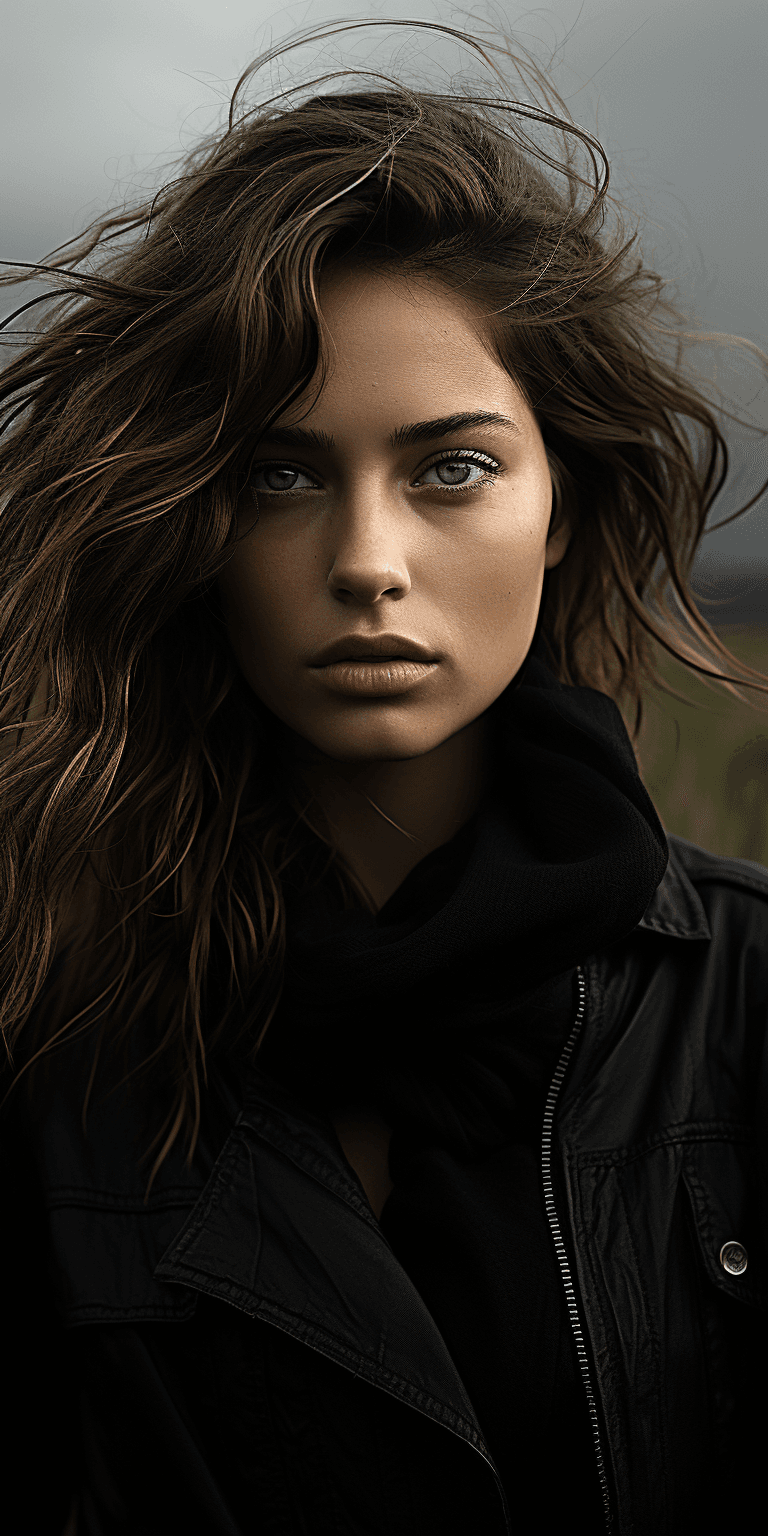 AI generated: a young woman in a black sweater standing in the grass, in the style of hasselblad hc 100mm f/2.2, p...