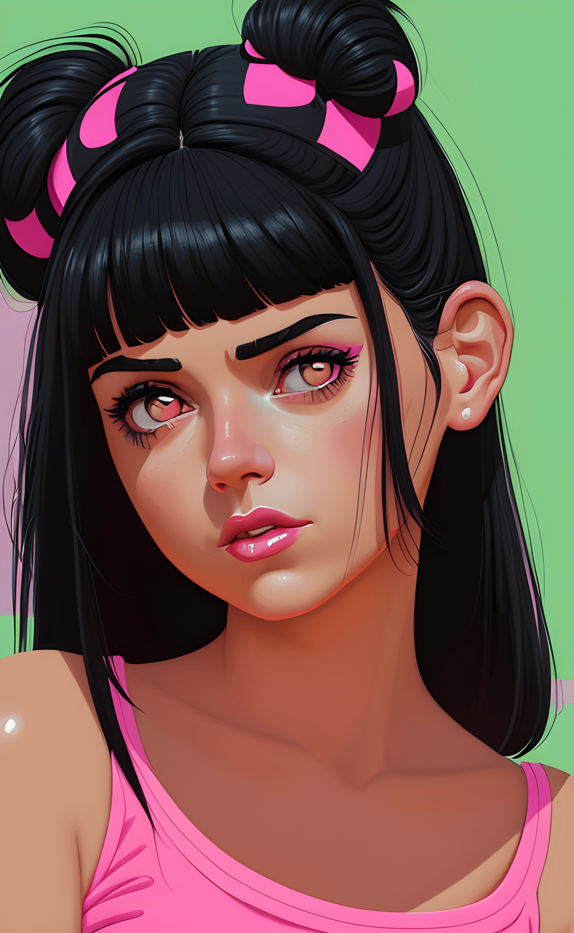 AI generated: a close up of a girl with a pink top and black hair, in style of digital illustration, solo portrait...