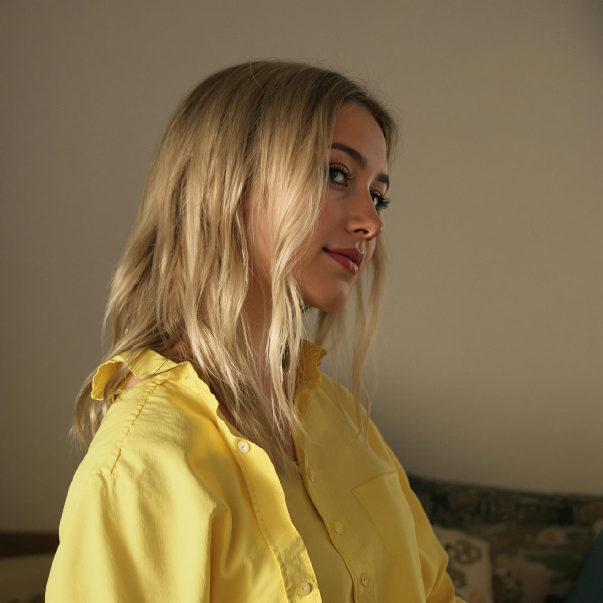 AI generated: blond girl in a yellow shirt is posing, soft, atmospheric lighting --chaos 33 --ar 1:2 --profile yru...