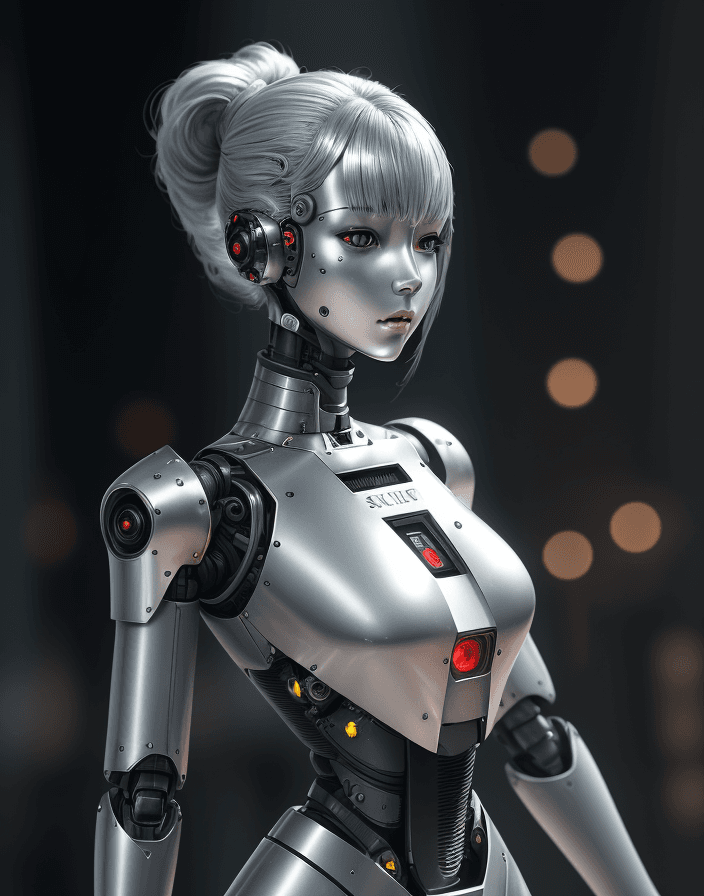 AI generated: fking_scifi_v2, portrait of a guard robotic girl android, silver skin, robotic, mechanical, reflecti...