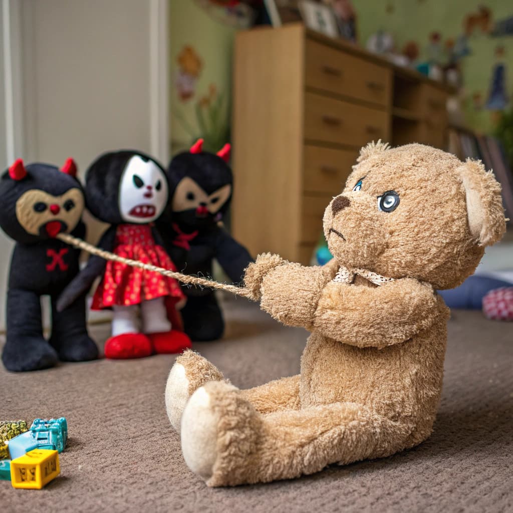 AI generated: poor teddy bear getting his arms pulled off by evil dolls because it get to much love from the playg...