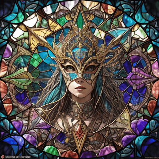 AI generated: splash art, stained glass art of goddess, glass masquerade mask, mosaic-stained glass art, stained-g...