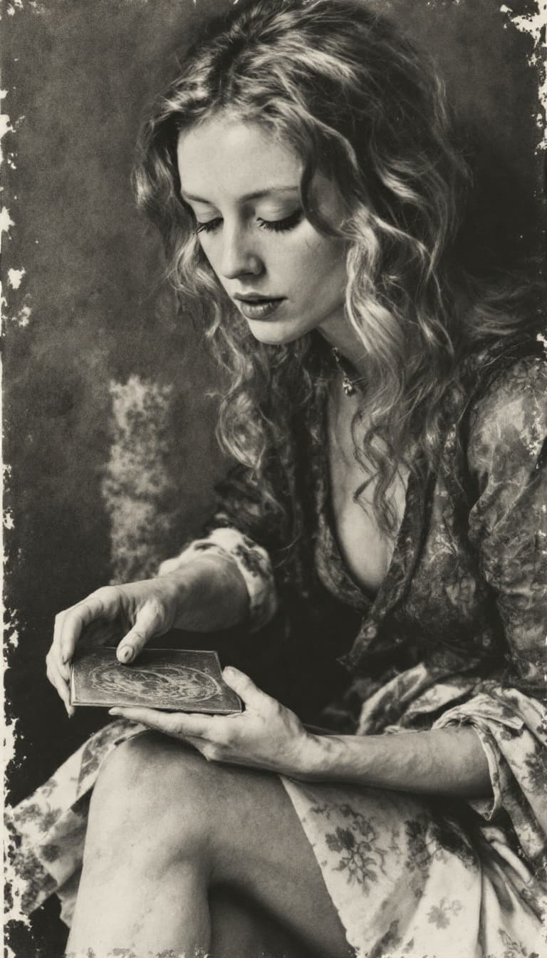 AI generated: Solarplate Etching, Intaglio Lines, Textured Surfaces, Delicate, Woman Holding an Etching Plate Prin...