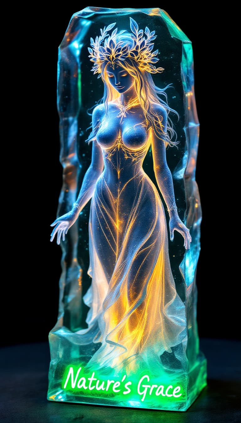 AI generated: Design a card featuring an ice sculpture of a Forest Spirit, her transparent figure shimmering subtl...