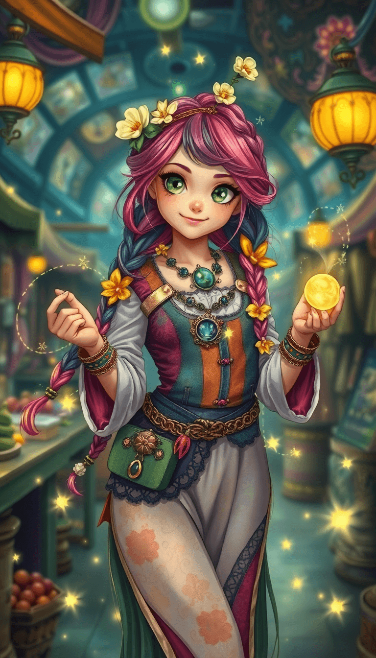 AI generated: A pretty, whimsical trickster with a lithe and graceful frame, her mischievous green eyes that seem ...